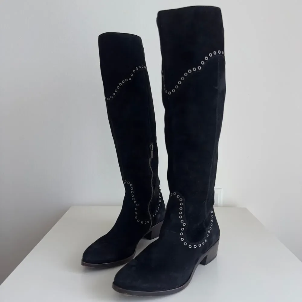 FRYE‎ Boots Womens 6.5 Black Over The Knee Suede Leather Ray Grommet Studded